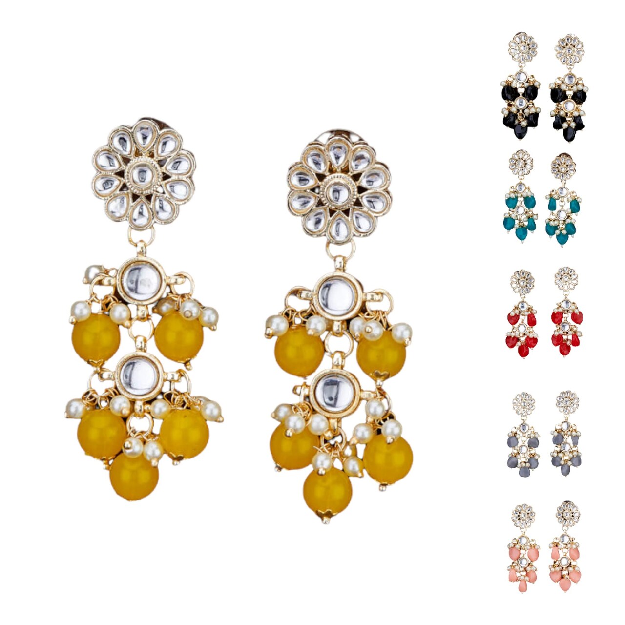 Indian Jhumka Earrings for Women - Large Floral Kundan Faux Pearls Drop Chanbali Earrings Indian Jhumki Ethnic Beaded Bollywood Style Dangle Earrings Jewelry for Bride Birthday Gift for Her